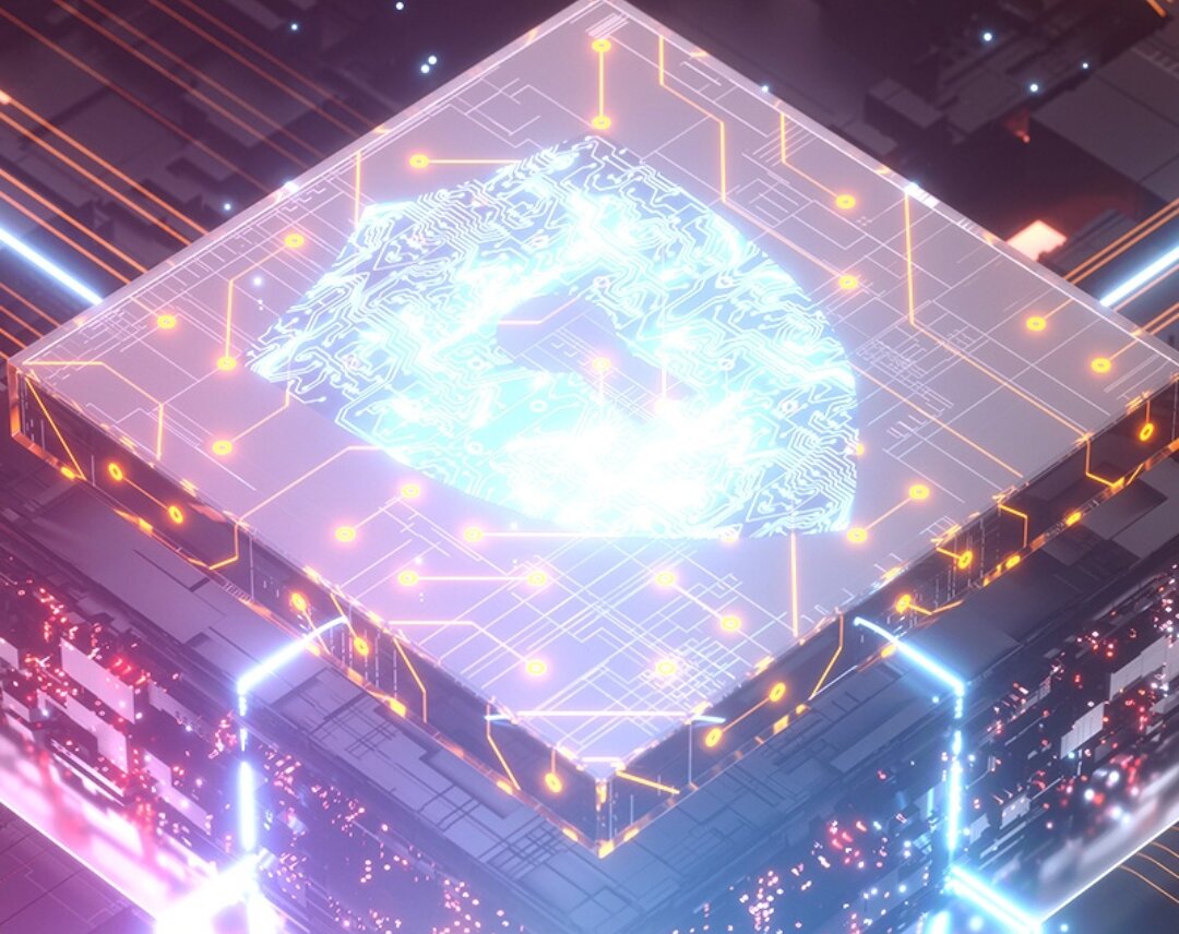 A cube with circuit and a glowing light in the middle of it
