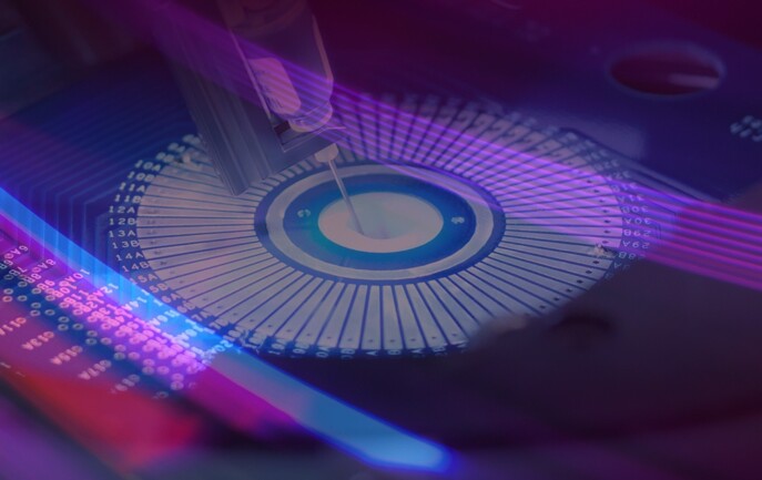 A close up of a cd disc with blue and purple lights