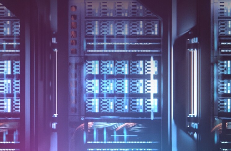 A computer server in a dark room