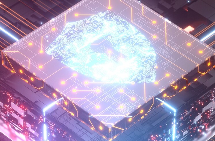 A cube with circuit and a glowing light in the middle of it